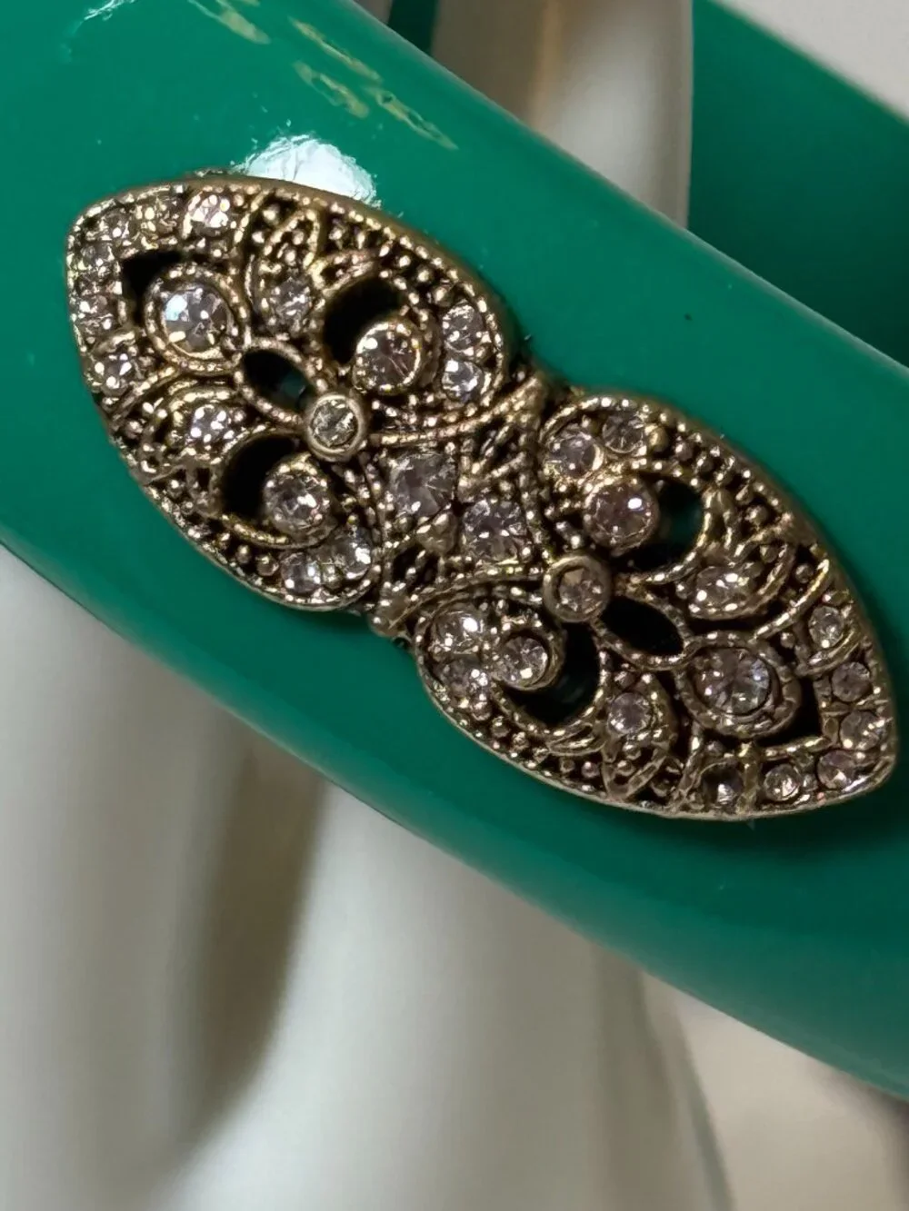 Green Teal Jeweled Cuff Bangle Bracelet Faux Diamond Jeweled Vintage Look